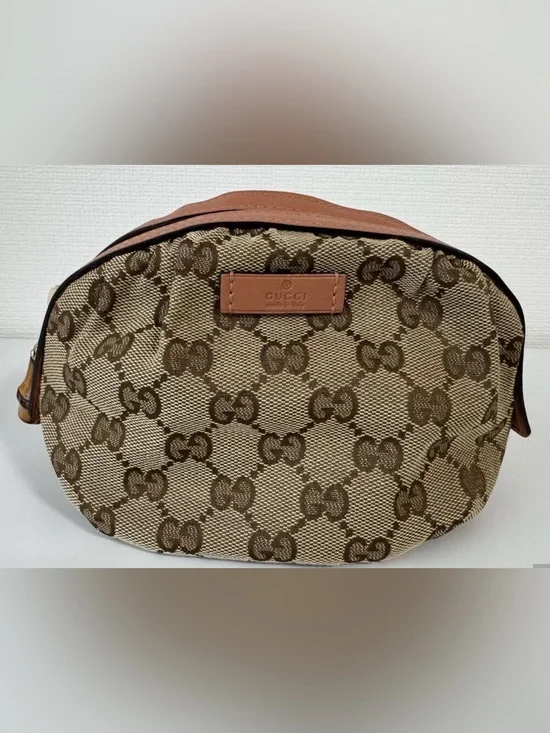 Gucci Beige and Brown GG Canvas Cosmetic Case w/ Bamboo Zipper Pull, Authentic