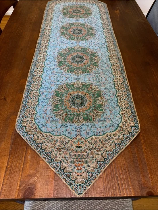 Fine Textile Woven Turquoise, Gold, and Green Decorative Table Runner