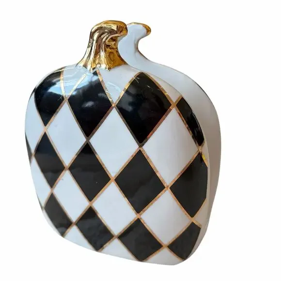 Black & White Harlequin Check Pumpkin Napkin Holder 6in Ceramic Halloween NEW