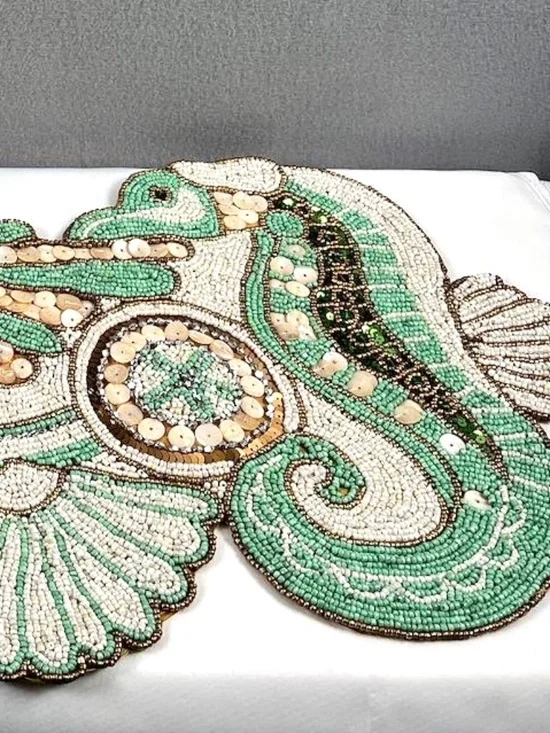 Vintage Coastal Beaded Table Runner Seashell Starfish Seahorse 12 x 36 Nautical