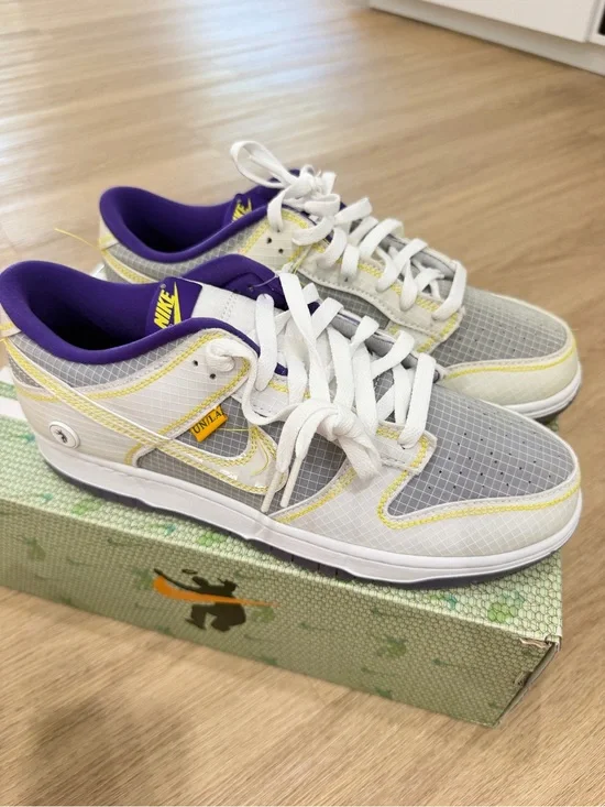 Nike men’s   Low-Top Sneakers — White, Gray & Purple with Yellow Accents
