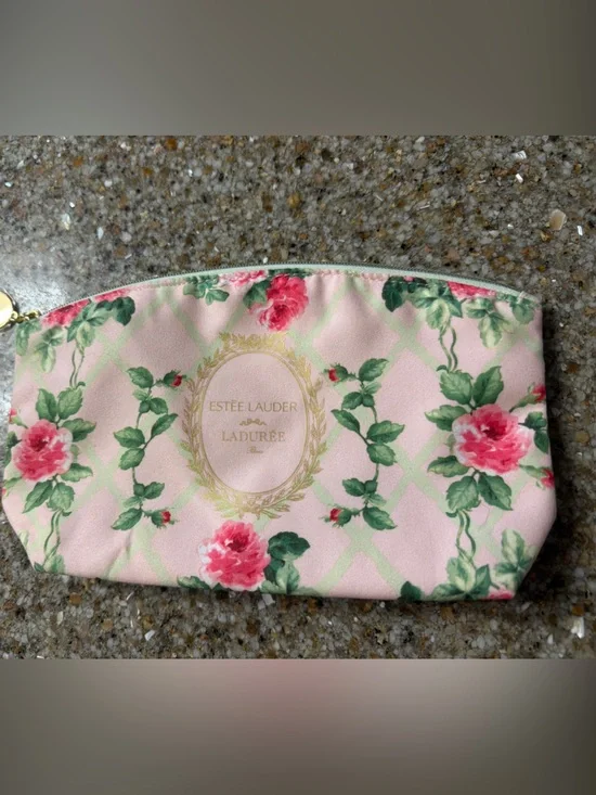 Estee Lauder Pink Floral Zip Cosmetic Pouch with Gold Logo Accent