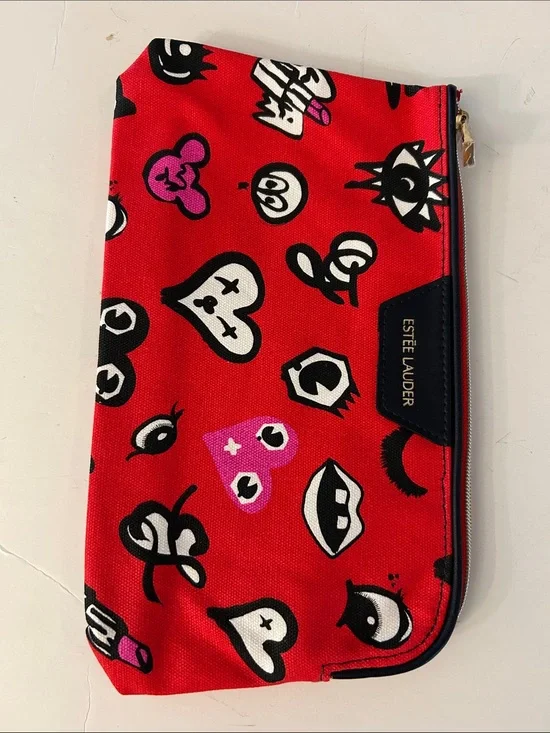 Estée Lauder Red Cosmetic Pouch with beasts, Mickey heads and cute graphics