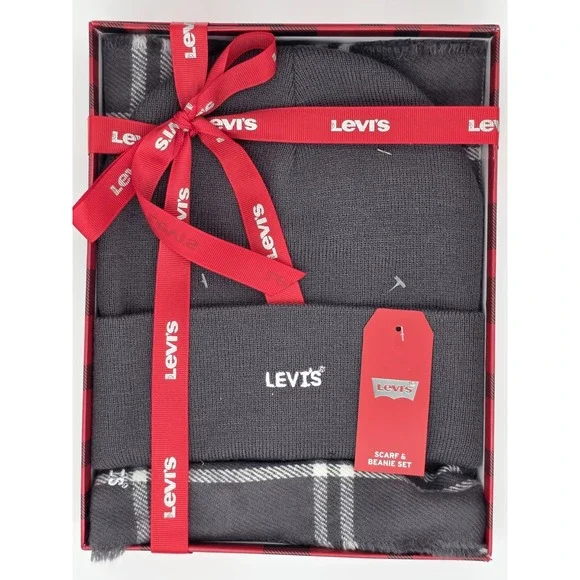 Levi's Men's Logo Beanie & Windowpane Scarf Gift Set Gray One Size NWT