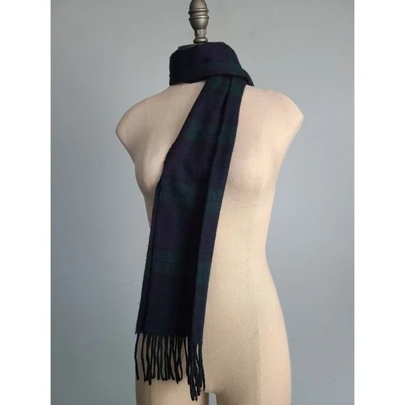VTG Christian Dior Monsieur Cashmaire‎ Scarf Blue Green Plaid Dark Watch Tartan