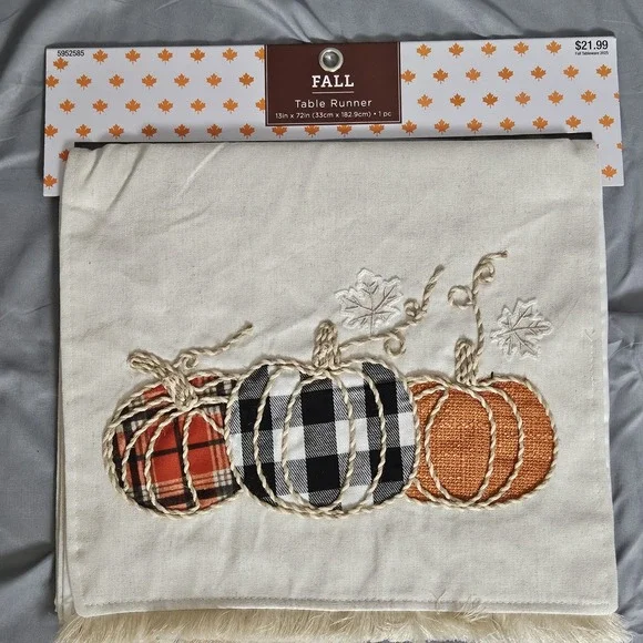 Fall Table Runner‎ Pumpkin Applique Plaid Fringe 13x72 Farmhouse Decor