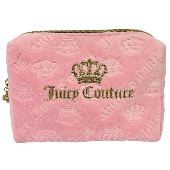 Juicy Couture Pink Velour Makeup Bag Embossed Crown‎ Logo Cosmetic Case Y2K
