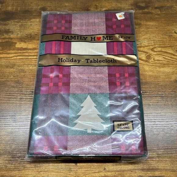 Family Home Holiday Tablecloth 52x70 Oblong Vinyl Christmas Tree Plaid Burgundy