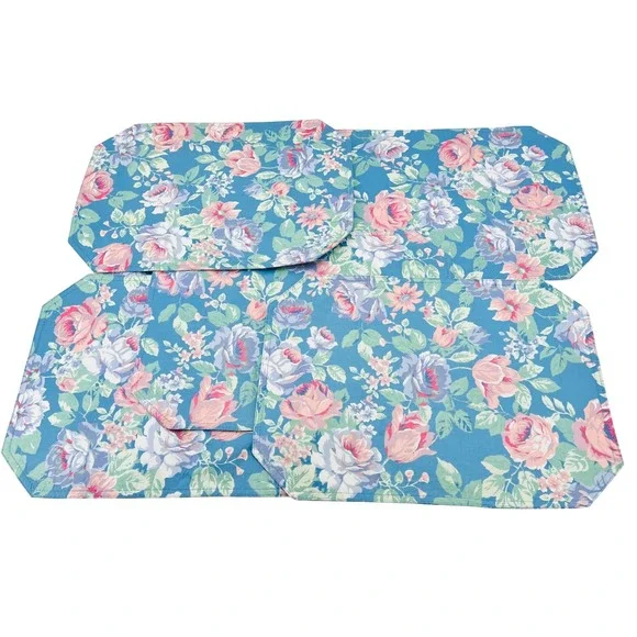 Set of 6 Floral Placemats Blue Pink Rose‎ Botanical Quilted Table Linens 18x13