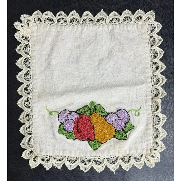 Vintage MCM Hand Embroidery Punch Needle Fruit Table Doily Lace Unfinished Art