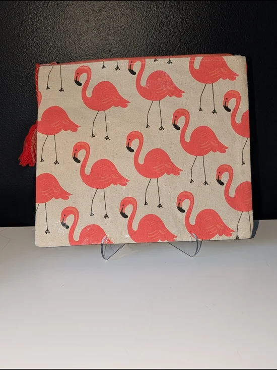 Canvas Flamingo Print Zipper Pouch - Pink Flamingos