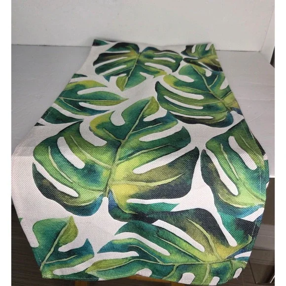 Tropical Monstera Leaf Table Runner Green White Palm Botanical Linen Blend 104in