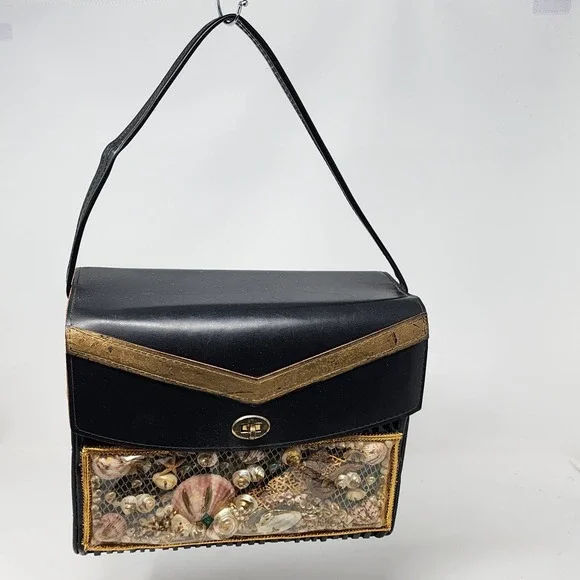 VTG Black Wood Wicker Under the Sea Fish Scene Windowpane Purse Novelty Handbag‎
