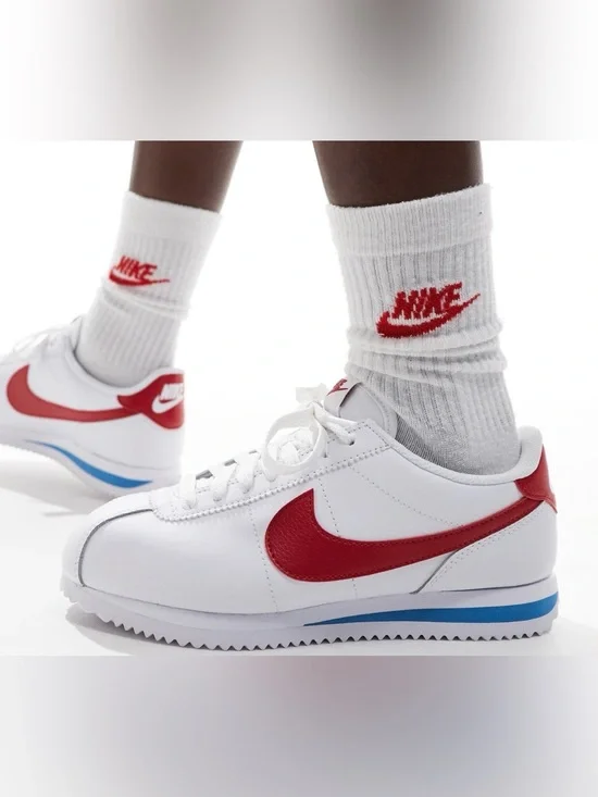 Nike Classic Cortez White Sneakers with Red Swoosh and Blue Accent Men’s