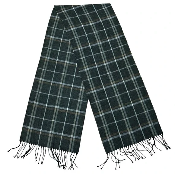 100% Scotland Cashmere Rectangular Scarf Olive Green Plaid Quiet Luxury