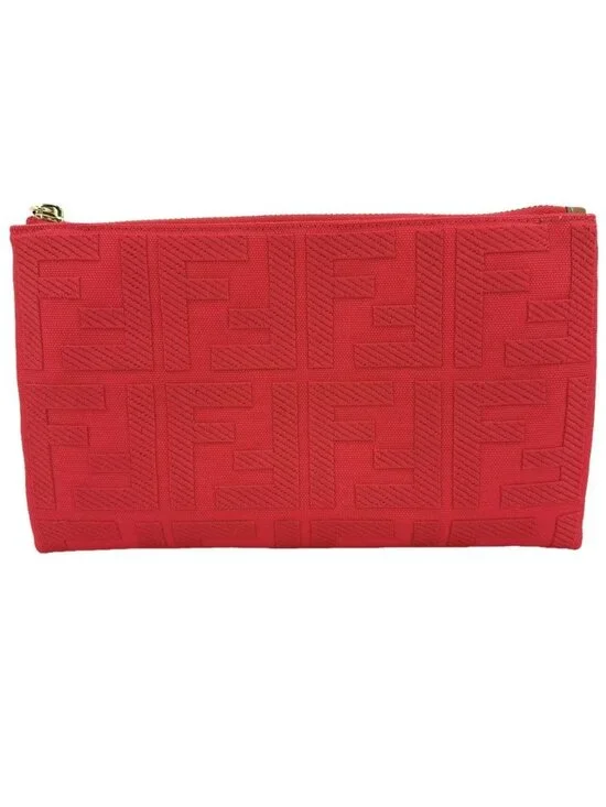 Fendi Pouch Zucca Makeup Container Canvas Leather Red Gold Vintage