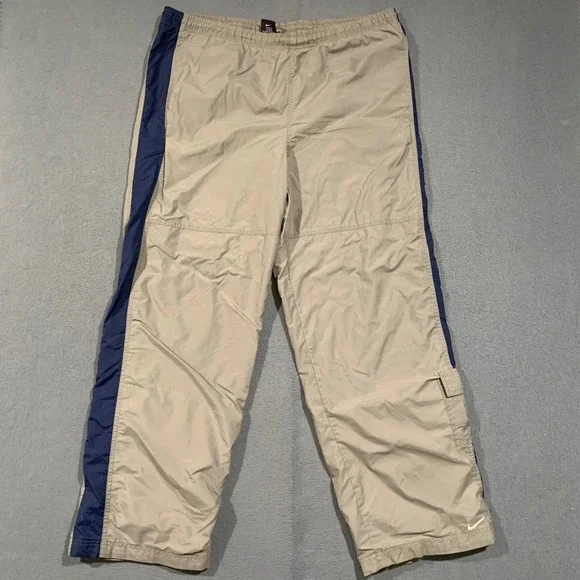 Nike Track Pants Men Medium Khaki Navy Blue Side Stripe Cargo Windbreaker Y2K
