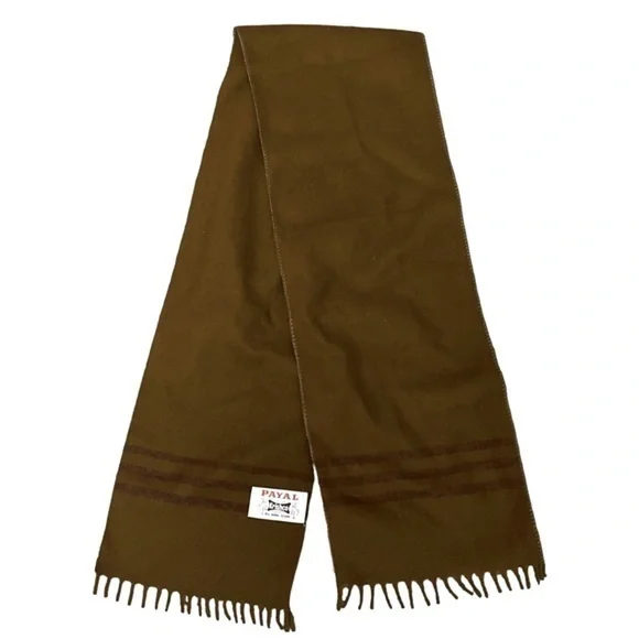 KRISHCO Vintage All Wool Scarf, Brown w/ Purple Border Stripes & Small Fringe