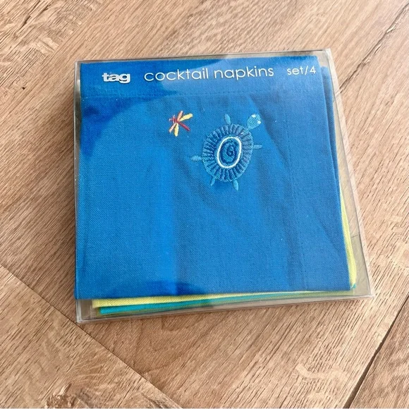 Tag Embroidered Turtle Cocktail Napkins 100% Cotton Set of 4 NIB 10” X 10”‎