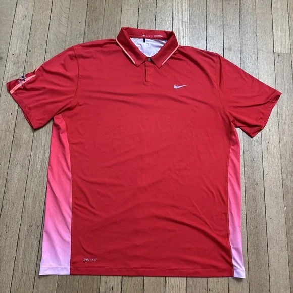 Nike Tiger Woods Golf Polo Shirt XL Snap Red Pink Gradient Vent Collar Stretch