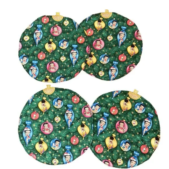Handmade Quilted Betty Boop Christmas Ornaments PLACEMATS Green Stars Set of 4