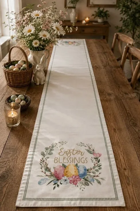 Easter Blessings Table Runner Spring Floral Eggs Farmhouse Holiday Decor 72 Inch