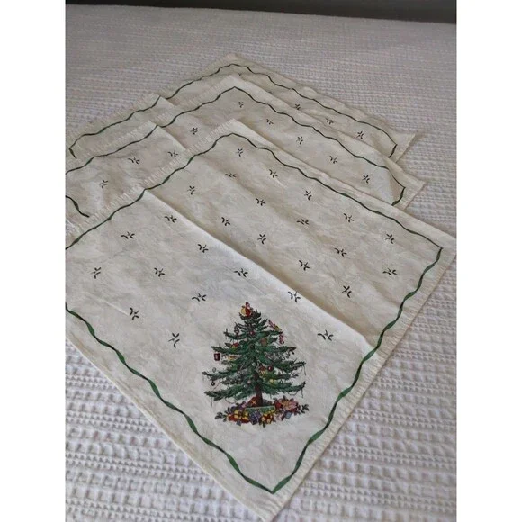 Set 3 SPODE CHRISTMAS TREE fabric NAPKINS Damask cloth Holiday 19-20