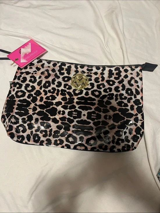 Pink Leopard Print Vinyl Cosmetic Pouch with Gold Logo