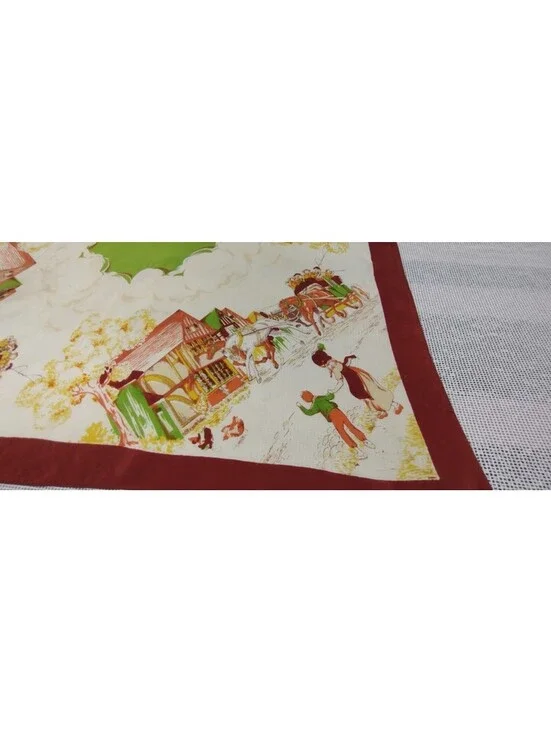 Vintage 1940s Western Old West Scarf Jadeite Rayon 1800s Carriage Farm Chickens