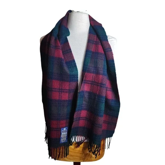 Tie Rack Scotland Lambswool Scarf Plaid Burgundy Navy Green Fringed Made in UK