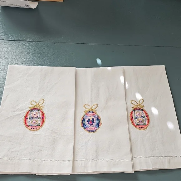 Embroidered White‎ Linen Towels  with Gold and Pink Accents.
