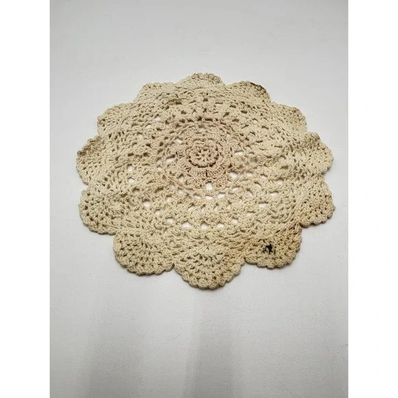 Vintage Hand Crocheted Round Doily Cream Cotton Lace Floral Table Topper 9 Inch