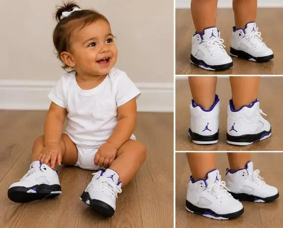 Nike Air Jordan 5 Retro Sneakers Shoe Baby Toddler 4C White Dark Concord Purple