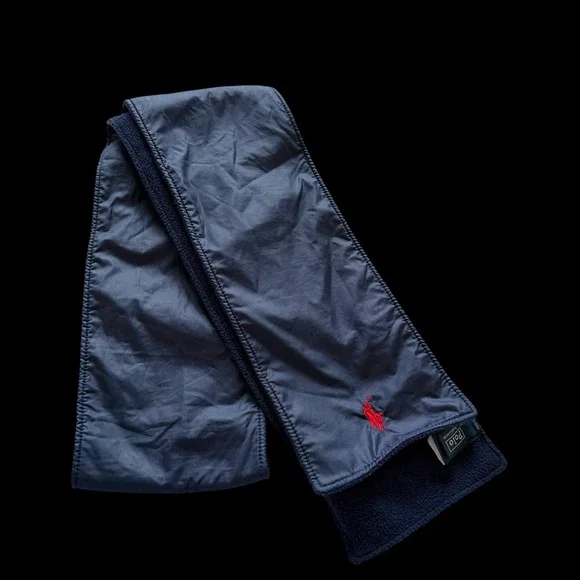 90's Polo Ralph Lauren Navy Blue Reversible Nylon Fleece‎ Scarf Red Pony Logo