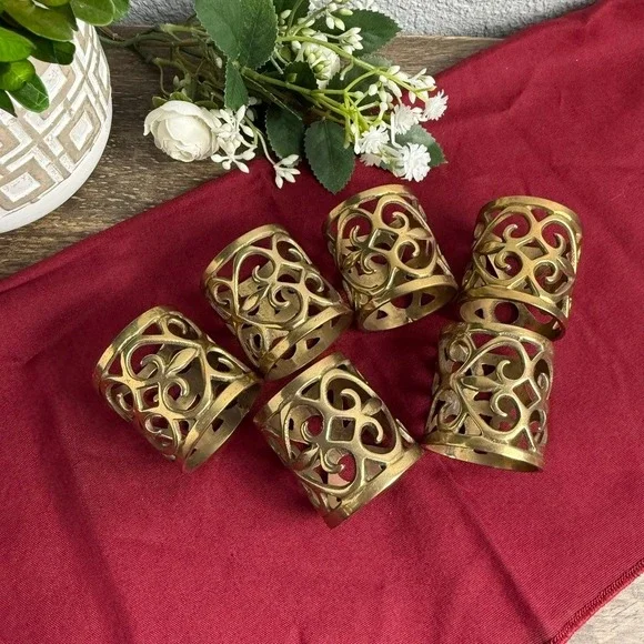 1970s Vintage Napkin Rings Set of 6 Gold Tone Openwork Scroll French Country