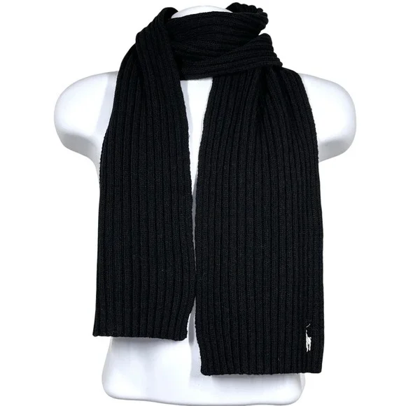 Polo Ralph Lauren Wool Blend Rectangular Scarf One Size Black Ribbed Knit Pony
