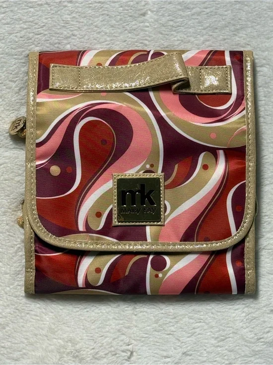 NWOT Mary Kay Gold-Trim Red & Pink Swirl Cosmetic Travel Case