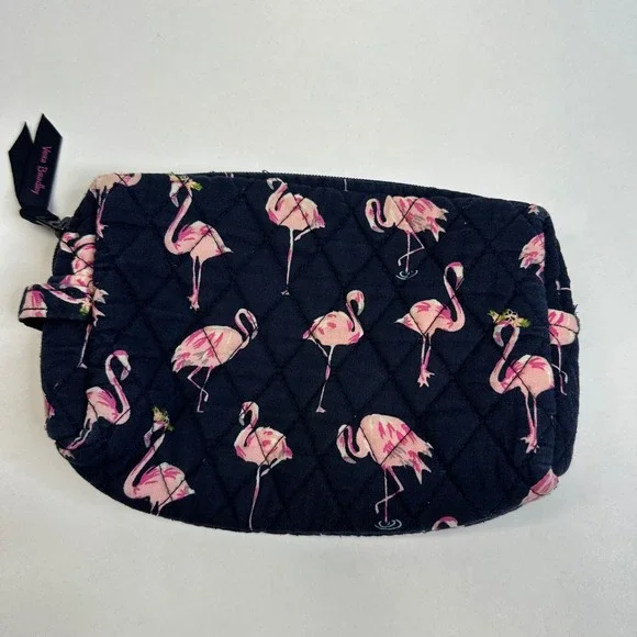 Vera Bradley Navy Pink Flamingo Quilted Cotton Zipper Cosmetic Makeup Bag Pouch