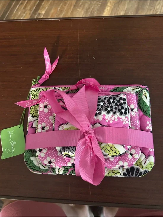 Vera Bradley Pink Floral Quilted Cosmetic Pouch Trio