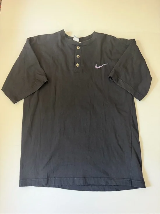 Y2K Nike Black Short-Sleeve Henley with Purple Swoosh (Made in USA)