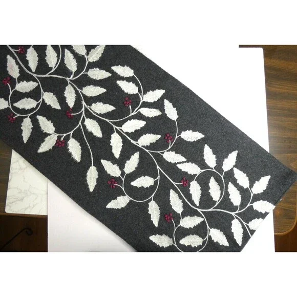 Nicole Miller Home Wool Blend Table Runner Grey Leaf Berry Embroidered 69