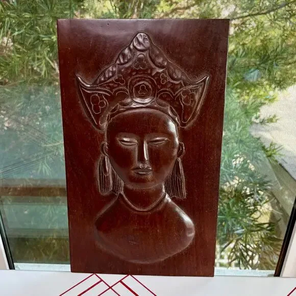 Vintage Haitian Hand Carved Wood Wall Plaque Featuring Zen Buddha Style Woman