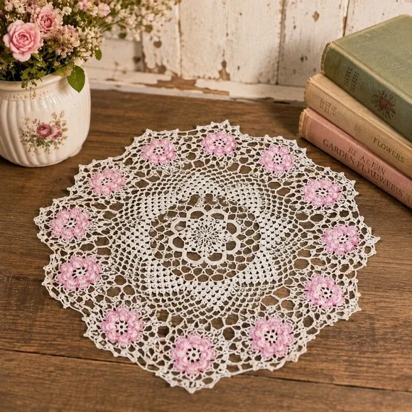 Vintage Handmade Crochet Lace Doily White Pink Beaded Floral 15 Inch Round