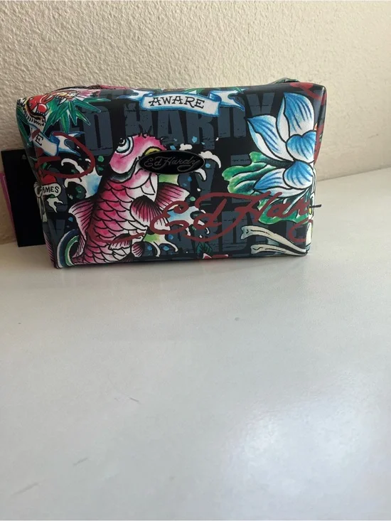 Ed Hardy Black Multicolor Koi & Floral Cosmetic Bag