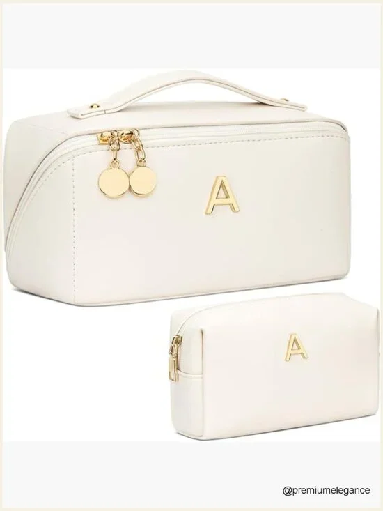 Personalized Initial Open Flat Cosmetic Bag Set with Clear Divider and Handle