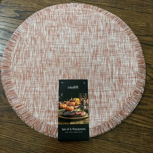 COLORDRIFT PLACEMATS 6 Orange White Fringe 15 INCH ROUND PVC Polyester NWT