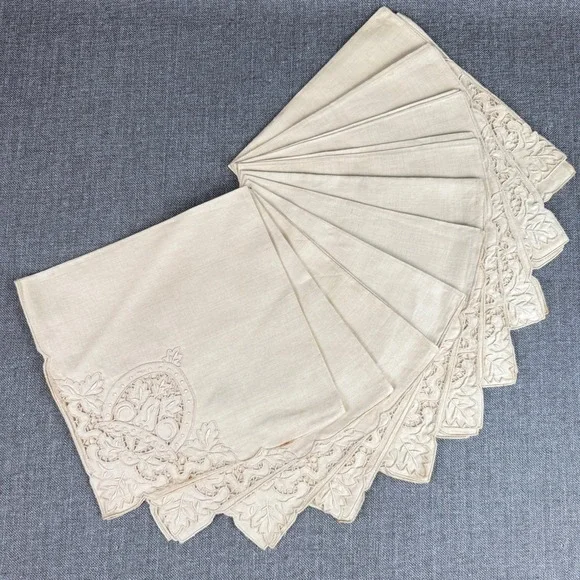 Vintage Linen Napkins Set of 10 Cream Cutwork Lace Floral Scalloped