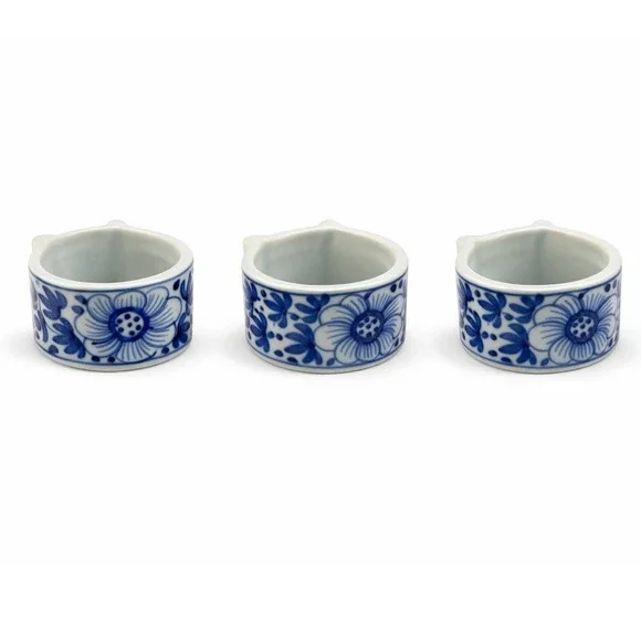 Vintage Blue White Ceramic Cat Head Napkin Rings Set of 3 Floral‎ Chinoiserie