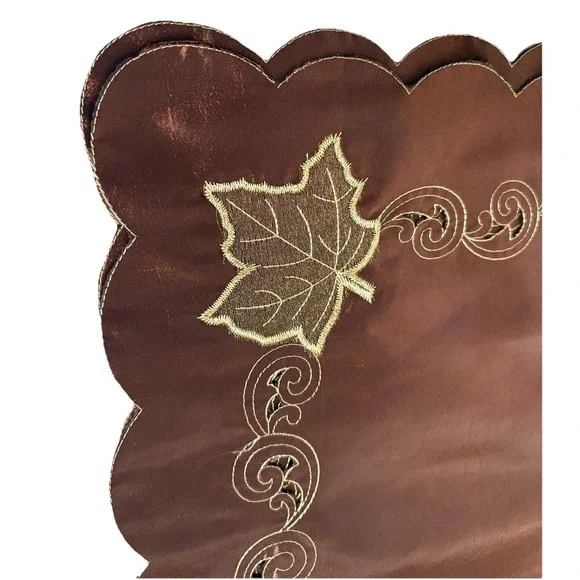 Vtg Bronze Cutwork Fall Leaf Placemats & Napkins w Scalloped Edges Silky Elegant