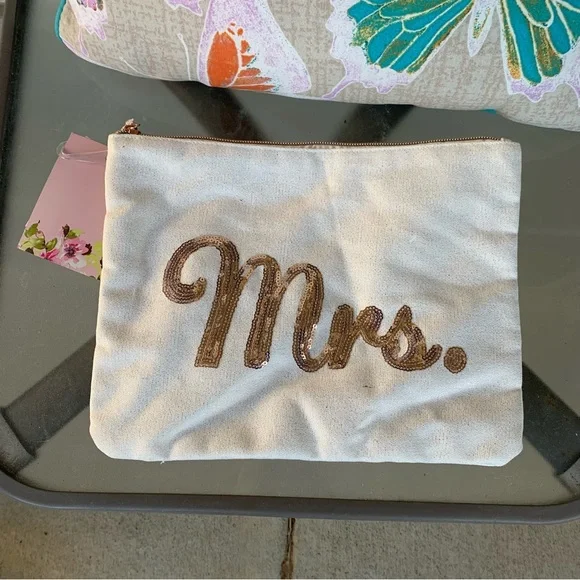 Mrs. Rose Gold Beaded Makeup Bag